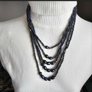 Chico's Hematite Glass & Baroque Pearl Multi-Strand Necklace with Brass